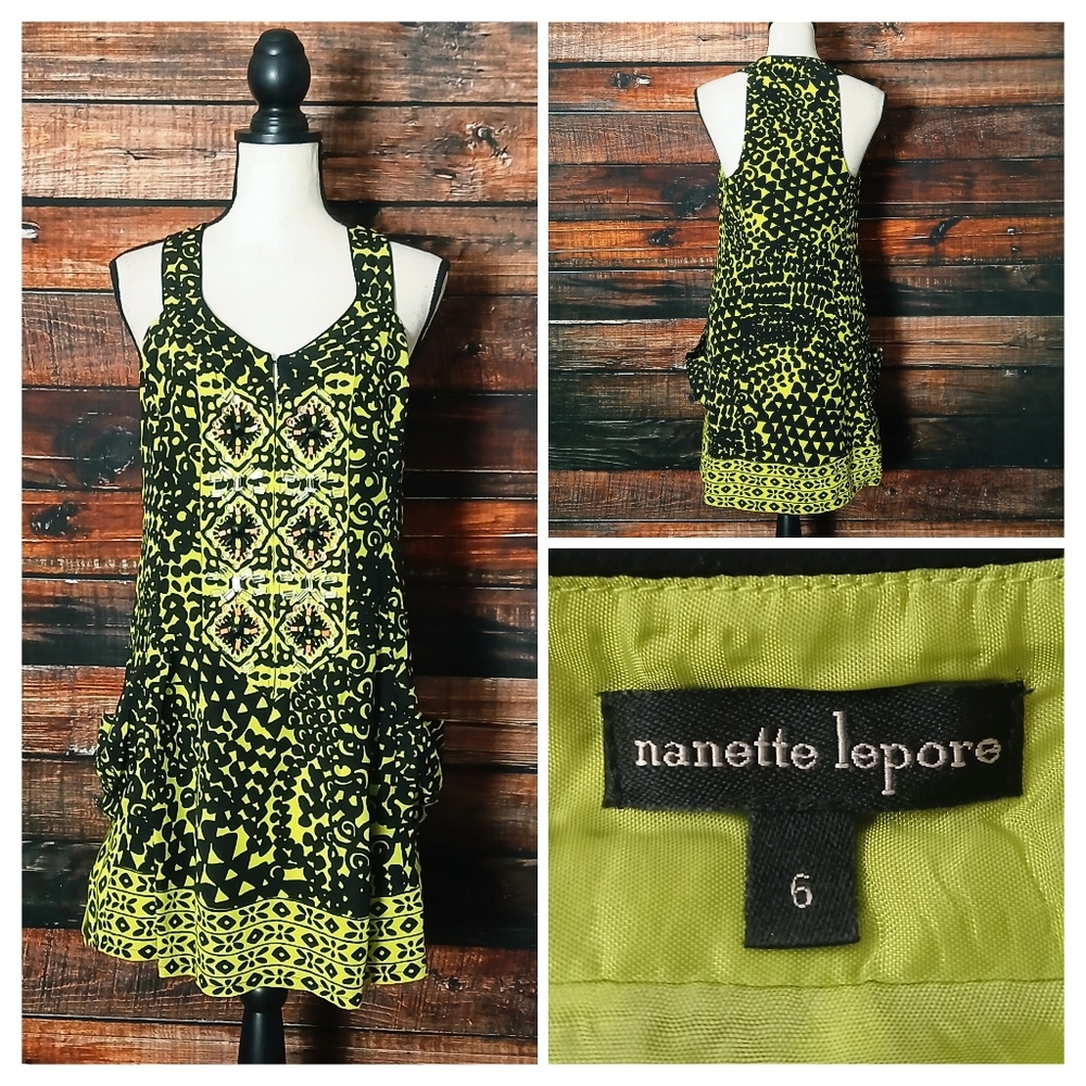 Nanette Lepore Dress 6 Beaded 100% Silk Lime Green Black Draped Hip Halter